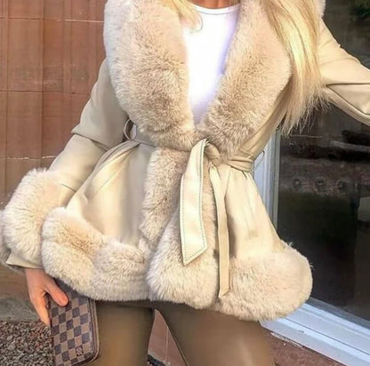 LUXURY LEATHER COAT WITH FUR BEIGE