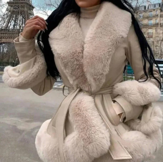 LUXURY LEATHER COAT WITH FUR BEIGE